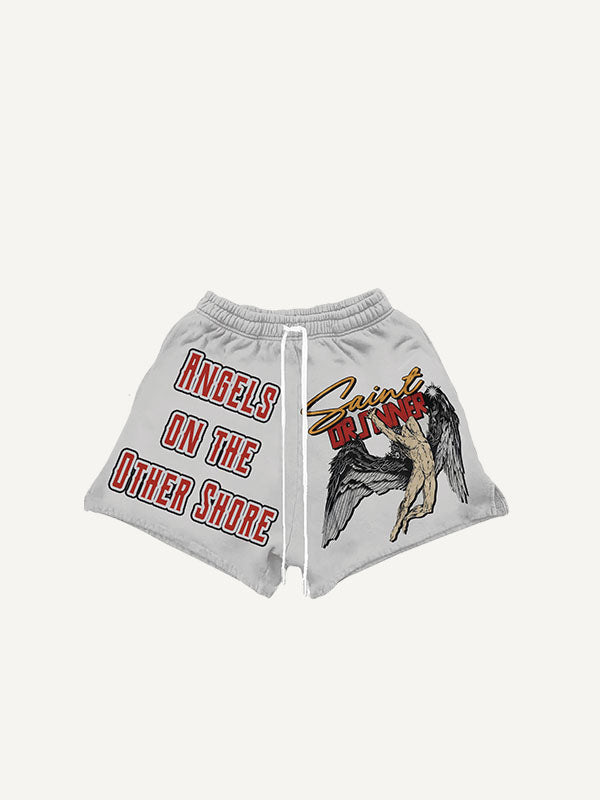 Figure&Wing&Letter Print Drawstring Waist Shorts