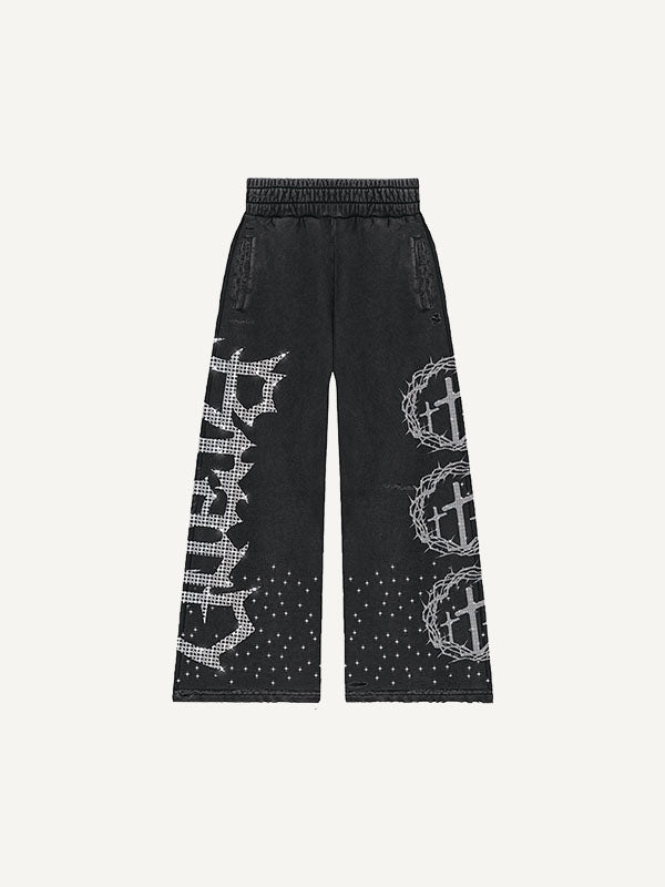 Letter&Cross Faux Rhinestones Print Elastic Waist Pants