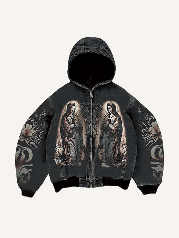 Mary&Pray&Floral Print Zip Up Hooded Coat