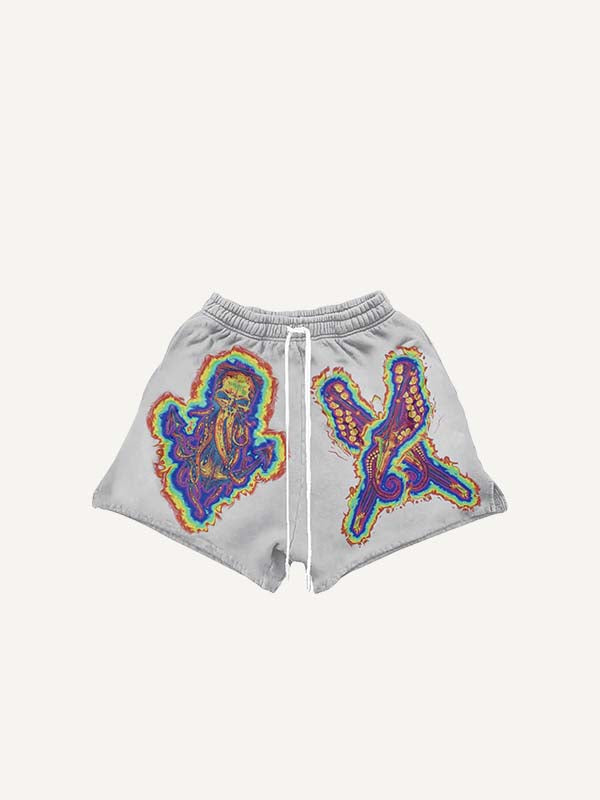 Skeleton&Octopus Print Drawstring Waist Shorts