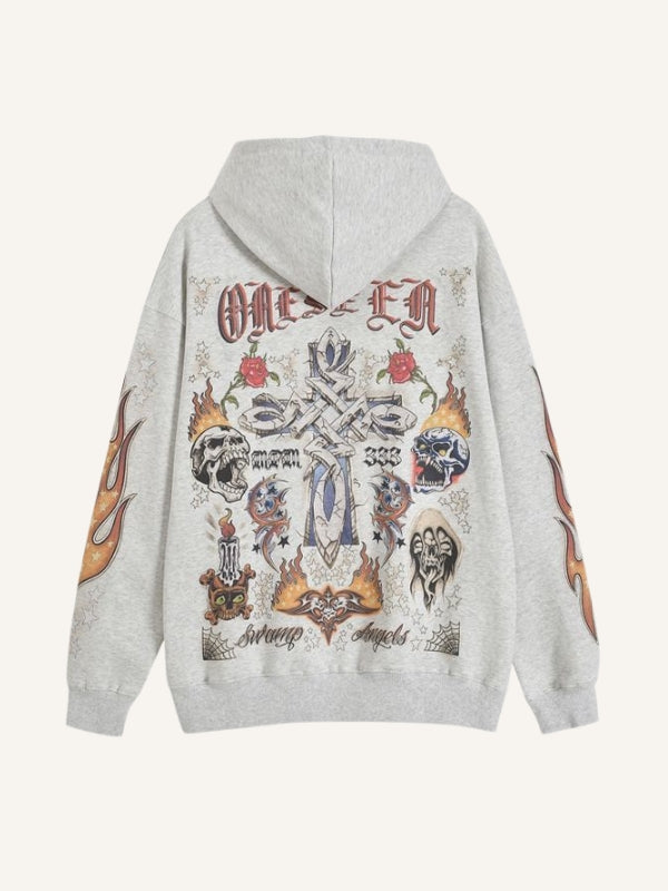 Fire&Cross&Pray&Skull&Figure&Graphic&Letter Print Slant Pockets Hoodie