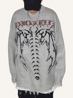 Skeleton&Wing&Letter Jacquard Round Neck Knit Sweater