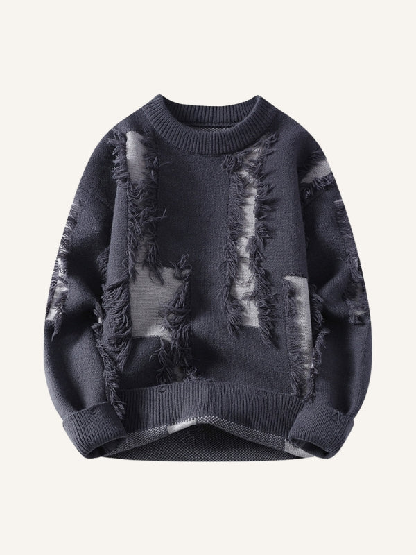 Colorblock Hole Thickened Round Neck Knit Sweater