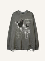 Cat&Cross&Letter Print Hole Tops