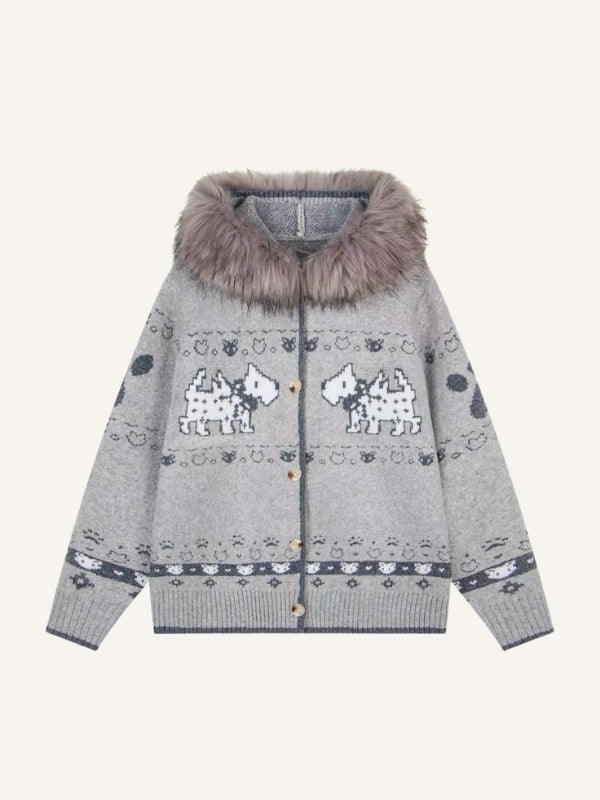 Colorblock Dog&Graphic Jacquard Knit Fur Collar Hooded Coat