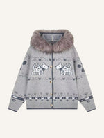 Colorblock Dog&Graphic Jacquard Knit Fur Collar Hooded Coat
