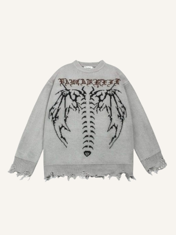 Skeleton&Wing&Letter Jacquard Round Neck Knit Sweater