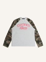 Camo Splicing Letter Print V Neck Long-sleeved T-shirt