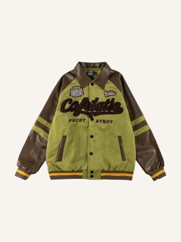 Colorblock Striped Letter&Graphic Embroidery Jacket