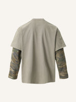 Fake Two-Piece Camo Graphic&Letter Print Hole Long-sleeved T-shirt