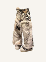Distressed Washed Fleece Patchwork Leopard Print Jeans