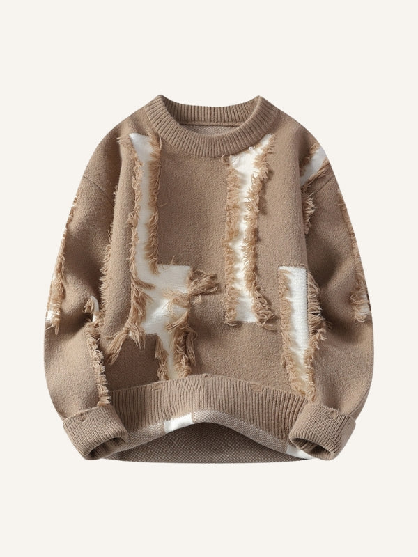 Colorblock Hole Thickened Round Neck Knit Sweater