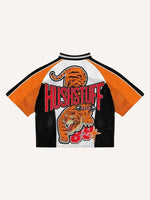 Colorblock Tiger&Letter Print Mesh V Neck T-shirt