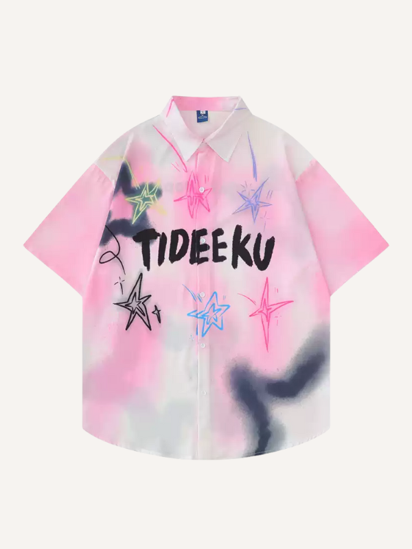 Tie-dye Letter&Star Graffiti Print Lapel Shirt