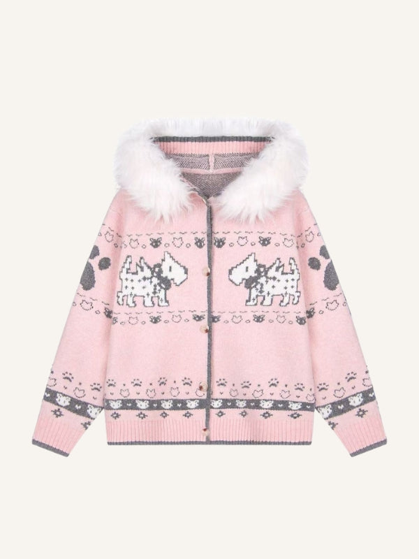 Colorblock Dog&Graphic Jacquard Knit Fur Collar Hooded Coat