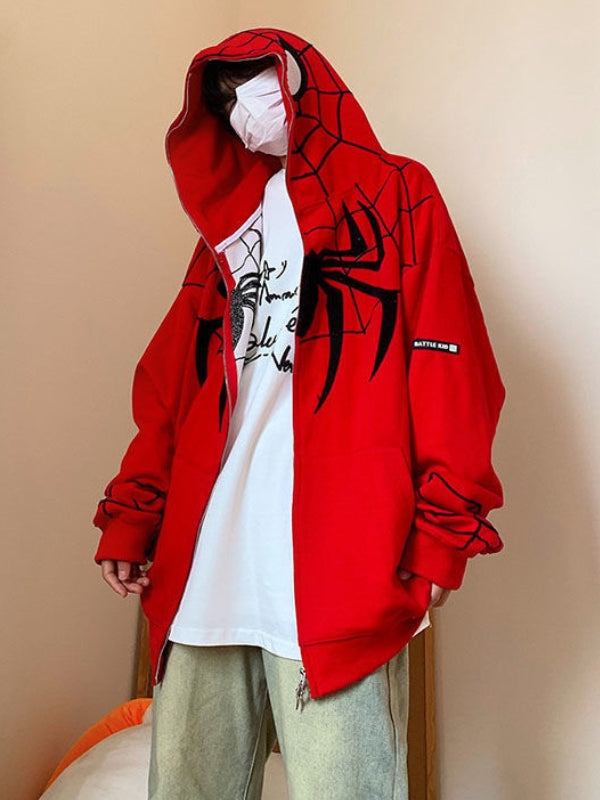 Spider&Web Print Zip Up Hooded Coat