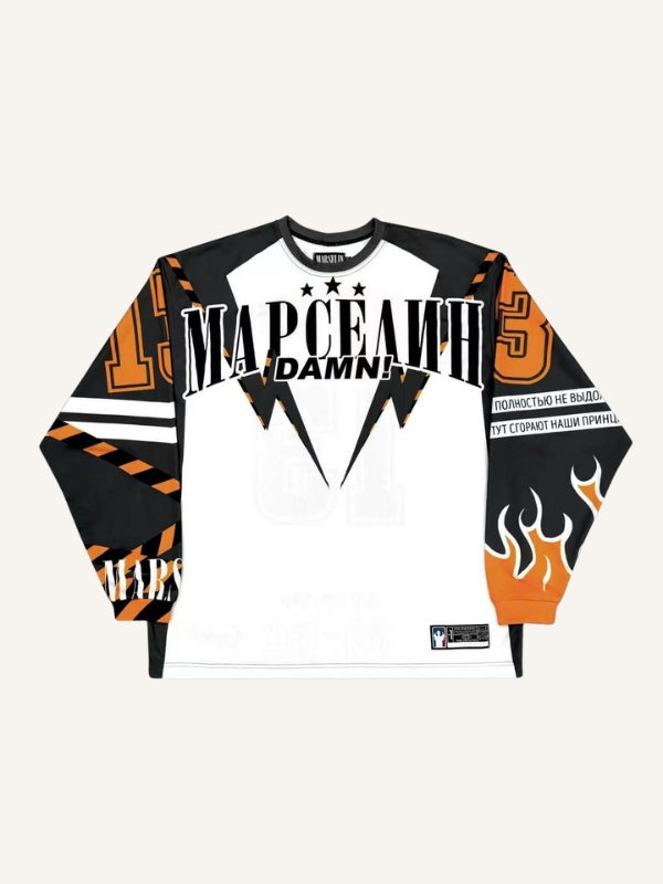 Colorblock Graphic&Letter Print Round Neck Long-sleeved T-shirt