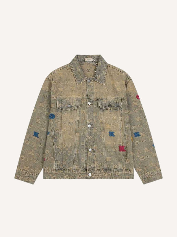 Distressed Washed Letter Embroidery Denim Jacket