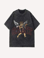 Distressed Washed Angel&Letter Graphic Print Round Neck T-shirt