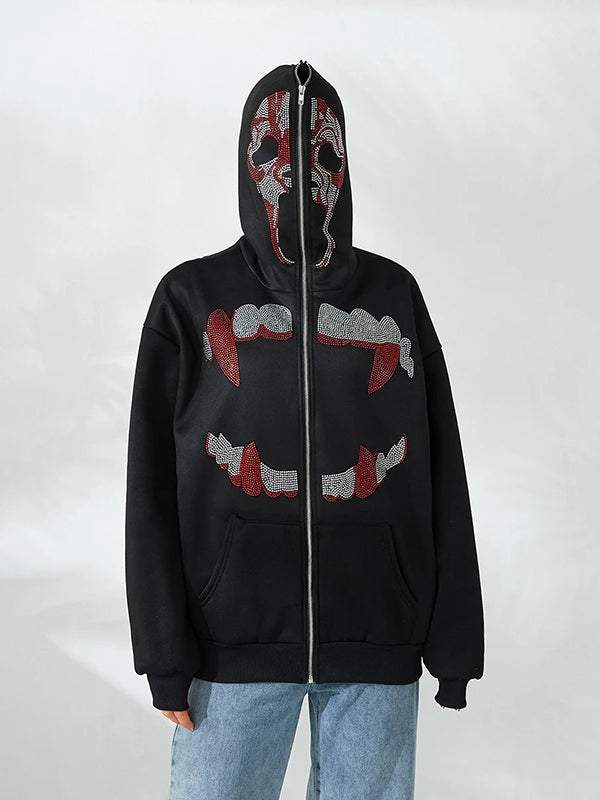 Vampire Fangs Skull Sequin Zip Up Hooded Coat