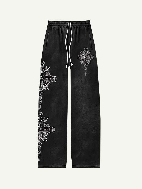 Letter&Cross Print Elastic Waist Pants