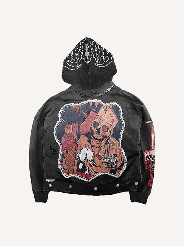 Skeleton&Sword&Vampire Fangs&Cross&Spider Web Faux Decal Print Zip Up Hooded Coat