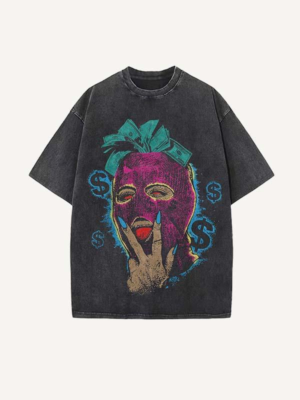 Distressed Washed Hooded Figure&Money Print Round Neck T-shirt