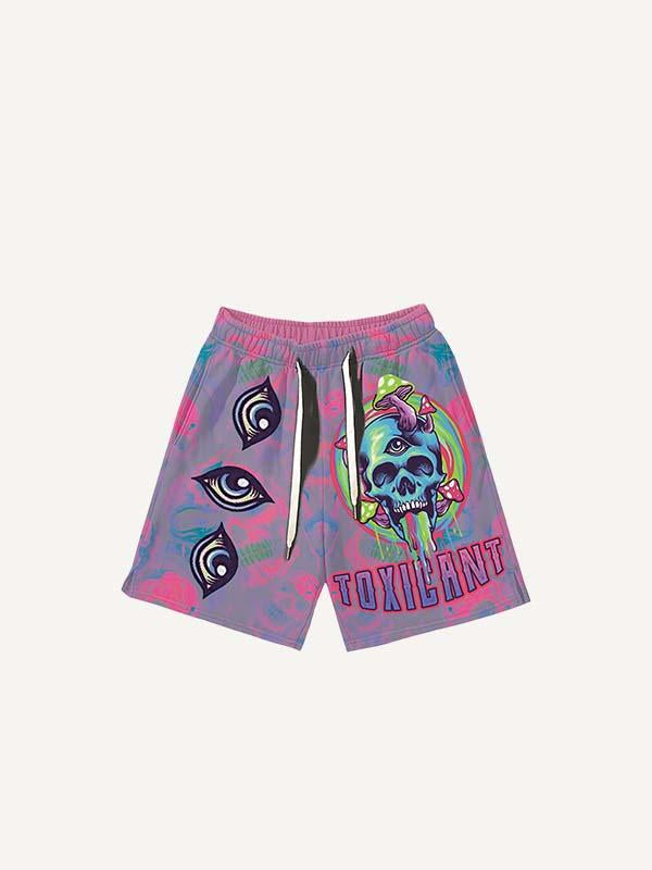 Skull&Mushroom&Eye&Letter Print Drawstring Waist Shorts