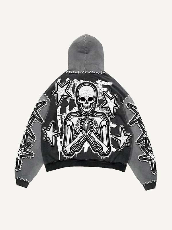 Colorblock Star&Skeleton Pray Faux Decal Print Slant Pockets Hoodie