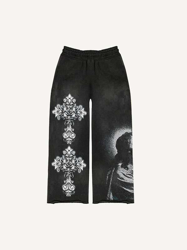 Figure&Cross&Floral Print Elastic Waist Pants