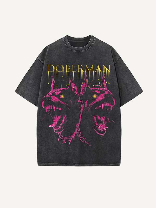 Distressed Washed Dog&Letter Print Round Neck T-shirt