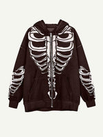Skeleton Print Zip Up Slant Pockets Hooded Coat