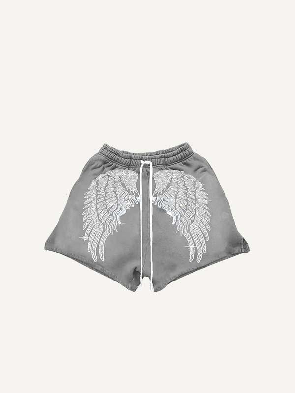 Wing Faux Decal Print Drawstring Waist Shorts