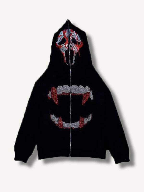 Vampire Fangs Skull Sequin Zip Up Hooded Coat