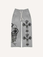 Cross&Letter&Graphic Print Elastic Waist Pants