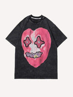 Distressed Washed Human Face Heart Print Round Neck T-shirt