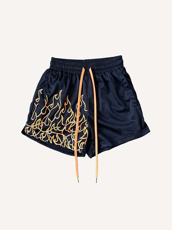 Fire Print Mesh Drawstring Waist Shorts