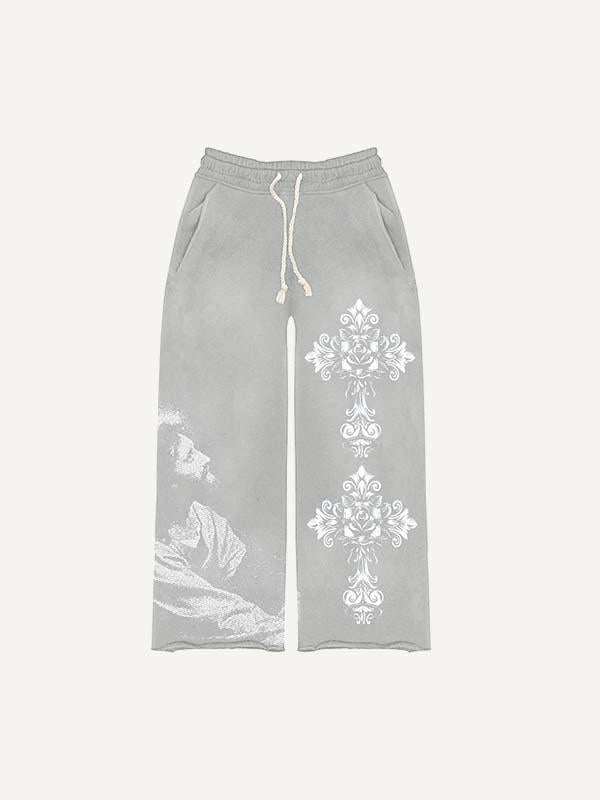 Figure&Cross&Floral Print Elastic Waist Pants