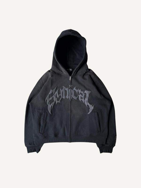 Letter&Star Print Zip Up Slant Pockets Hooded Coat