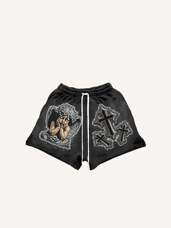 Cross&Angel&Wing&Letter Faux Decal Print Drawstring Waist Shorts