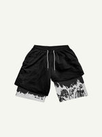 Fake Two Pieces Skeleton Print Drawstring Waist Shorts
