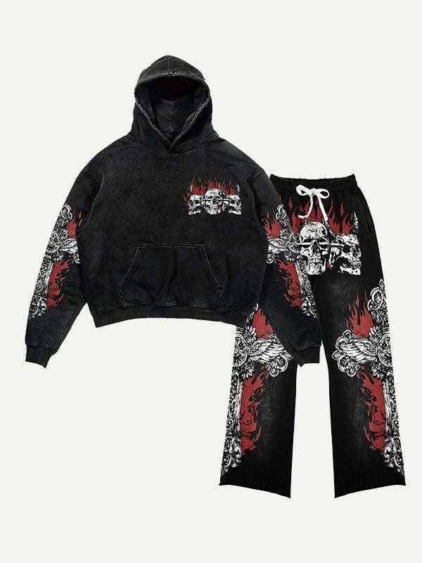 Demon Skull&Cross&Fire Print Elastic Waist Two-Piece Set