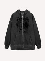 Graphic Print Drawstring Zip Up Hooded Coat