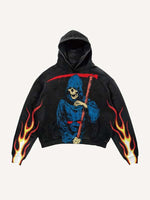 Death Skeleton&Fire Print Slant Pockets Hoodie