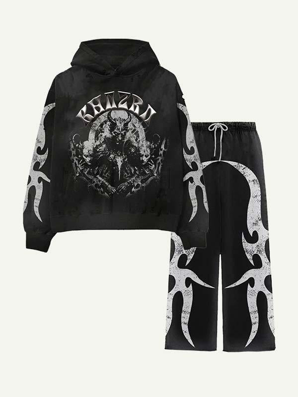 Demon Figure&Letter Graphic Print Elastic Waist Two-Piece Set