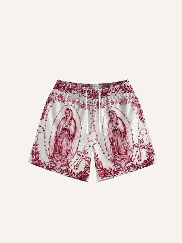 Mary&Floral Print Mesh Drawstring Waist Shorts