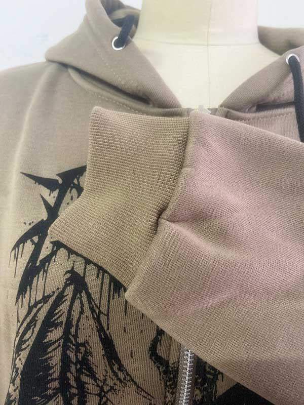 Graphic Print Drawstring Zip Up Hooded Coat