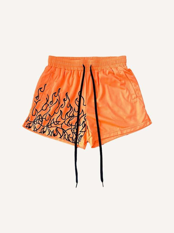 Fire Print Mesh Drawstring Waist Shorts