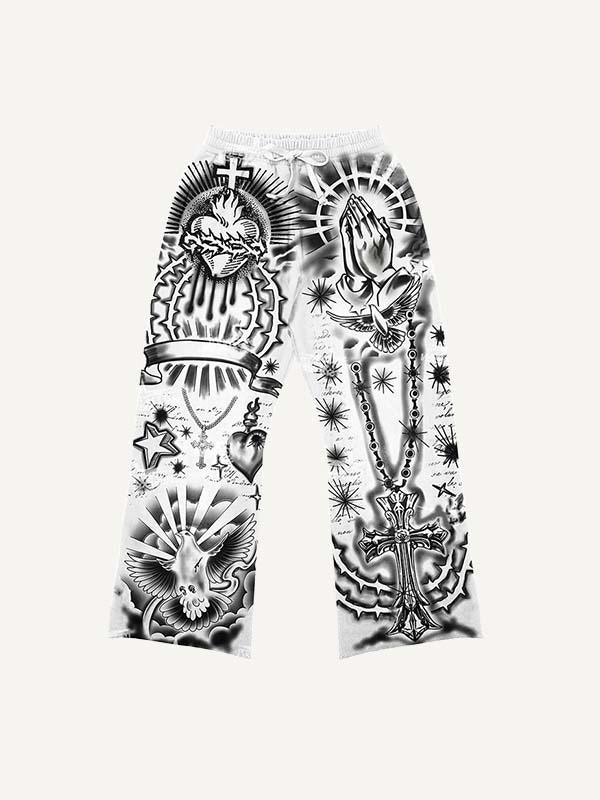 Pray&Heart&Cross Graphic All Over Print Elastic Waist Pants