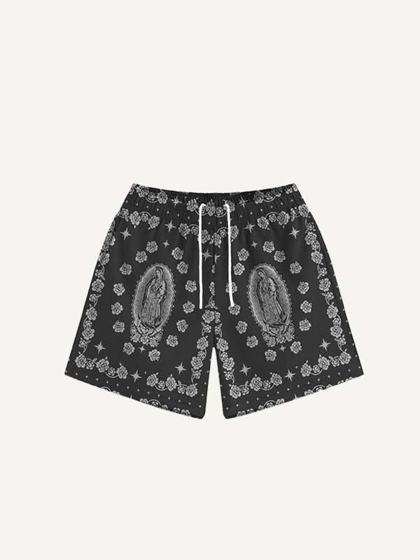 Mary&Floral Print Mesh Drawstring Waist Shorts